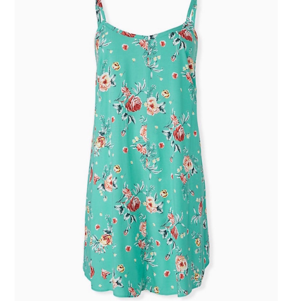 TURQUOISE FLORAL CHALLIS MINI TRAPEZE DRESS